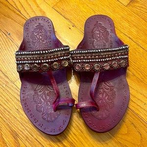 Womens free people leather sandals size 6.5 burgundy embellishments stones boho